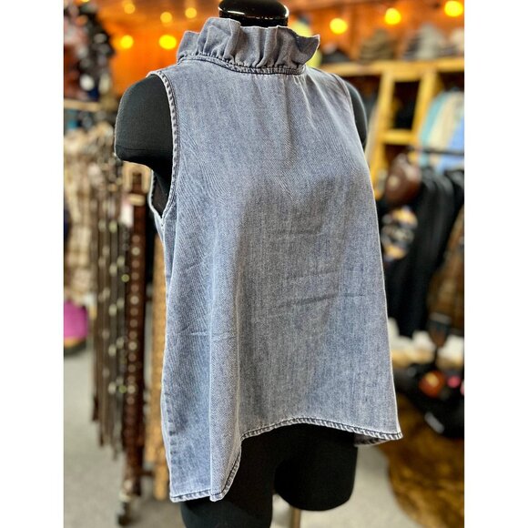 BOUTIQUE Tops - NEW Denim High Collar Top with Ruffle